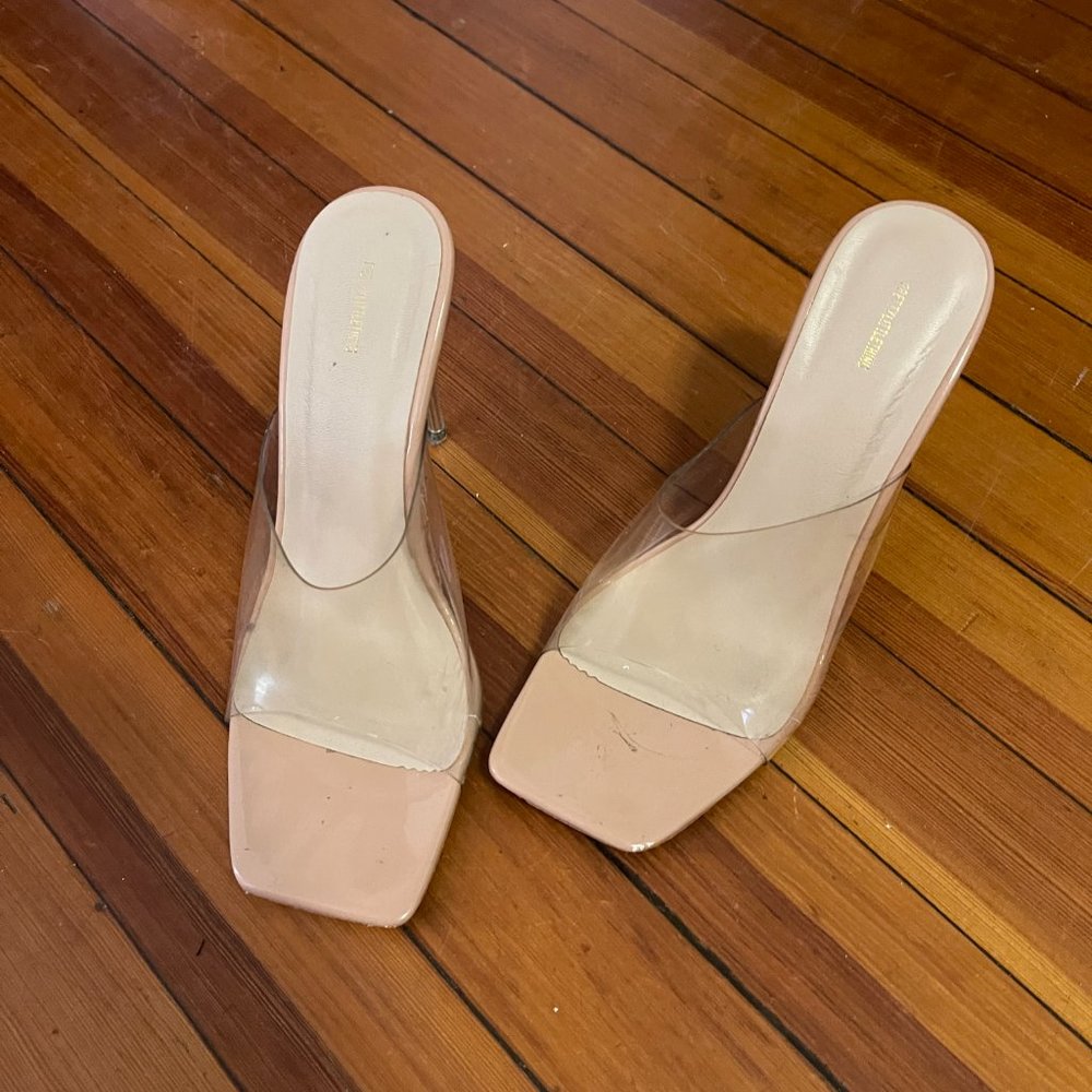 Nude Clear Square Toe Pin Stiletto Heel Mules